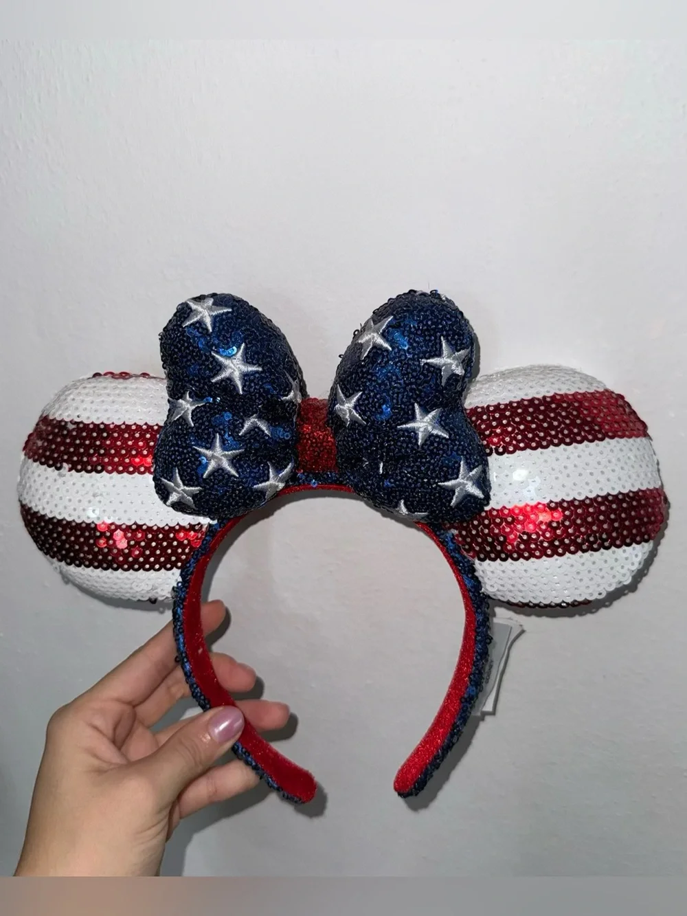 Disney Parks Minnie Mouse Sequined Headband Ear Americana Flag